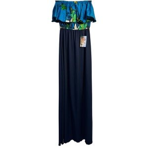 Tropical Strapless Maxi Dress - Blue and Black. OS
